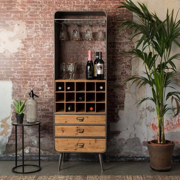 Industrial Loft Bar Cabinet with Storage Wine Glass Holders & Wine Grids & 3 Drawers
